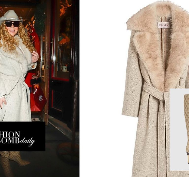 Mariah Carey Wore a Nude Valentino Coat with Gucci Boots in Aspen for the X-Mas Season