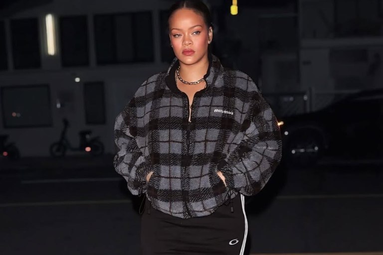 Rihanna Steps Out at Giorgio Baldi in a Checked Gray Miu Miu Jacket, Balenciaga Skirt, and Amina Muaddi Snake Boots