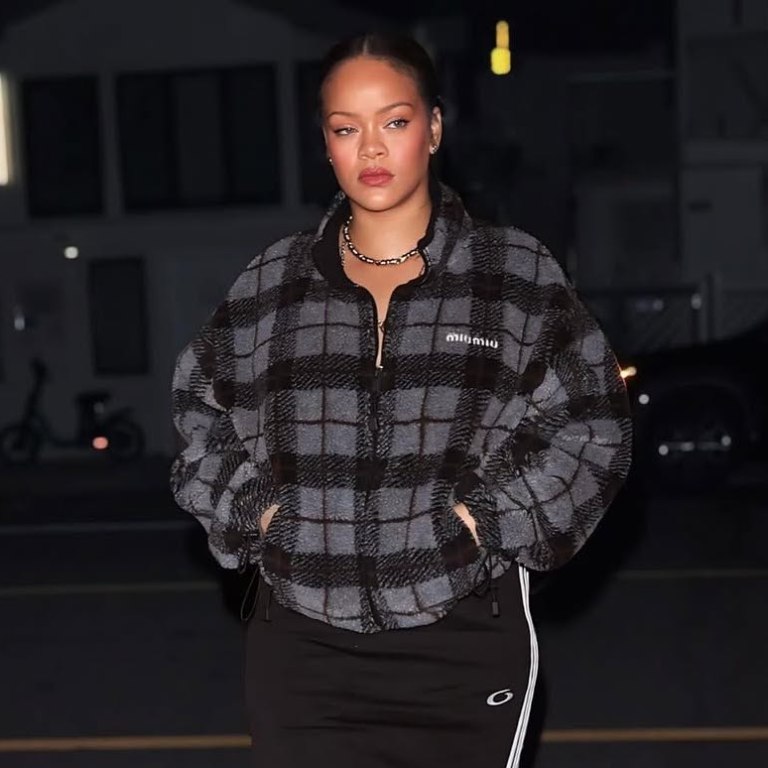 Rihanna Steps Out at Giorgio Baldi in a Checked Gray Miu Miu Jacket, Balenciaga Skirt, and Amina Muaddi Snake Boots