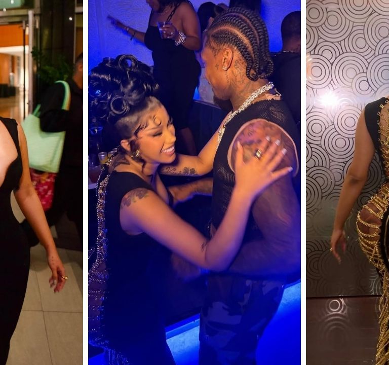 You ask,  we answer! Cardi B wore a Custom Candice Cuoco Dress with Rene Caovilla Sandals for Stefon Diggs Birthday