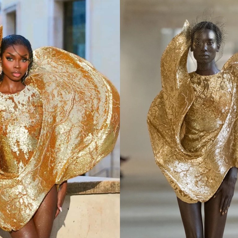 Olandria in a Gold Sculptural Rahul Mishra Couture Gown at Paris Fashion Week