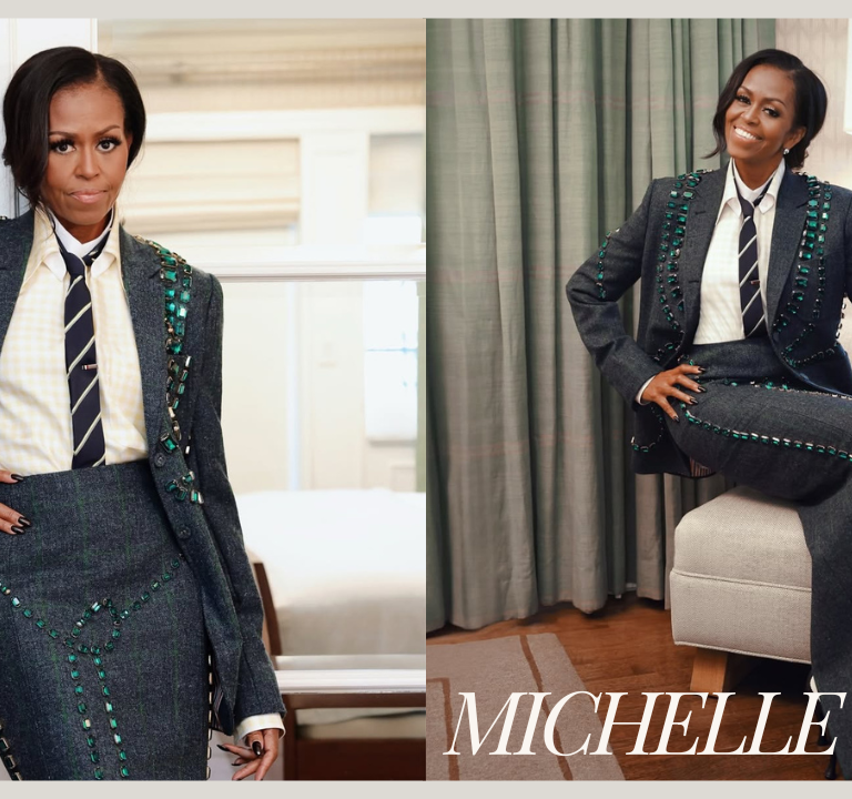 Michelle Obama Looks Fierce in a Navy Plaid Thom Browne Embellished Suit