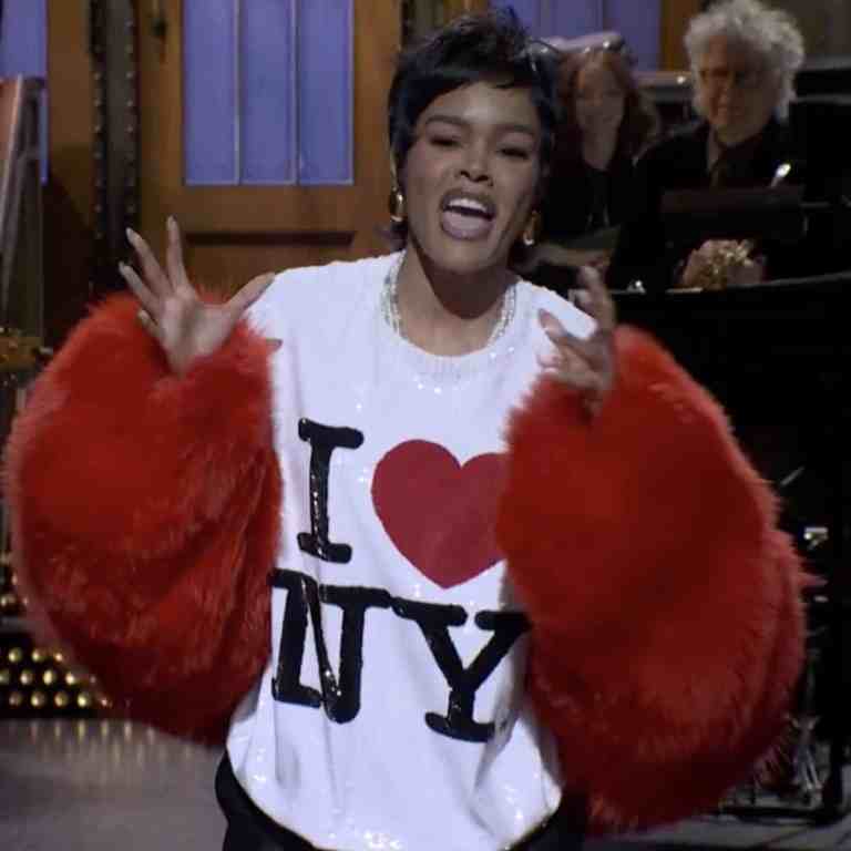 Teyana Taylor Hosts SNL in a Chanel Pre-Fall 2026 Red Fur Jacket and “I ❤️ NY”  Sequined Shirt