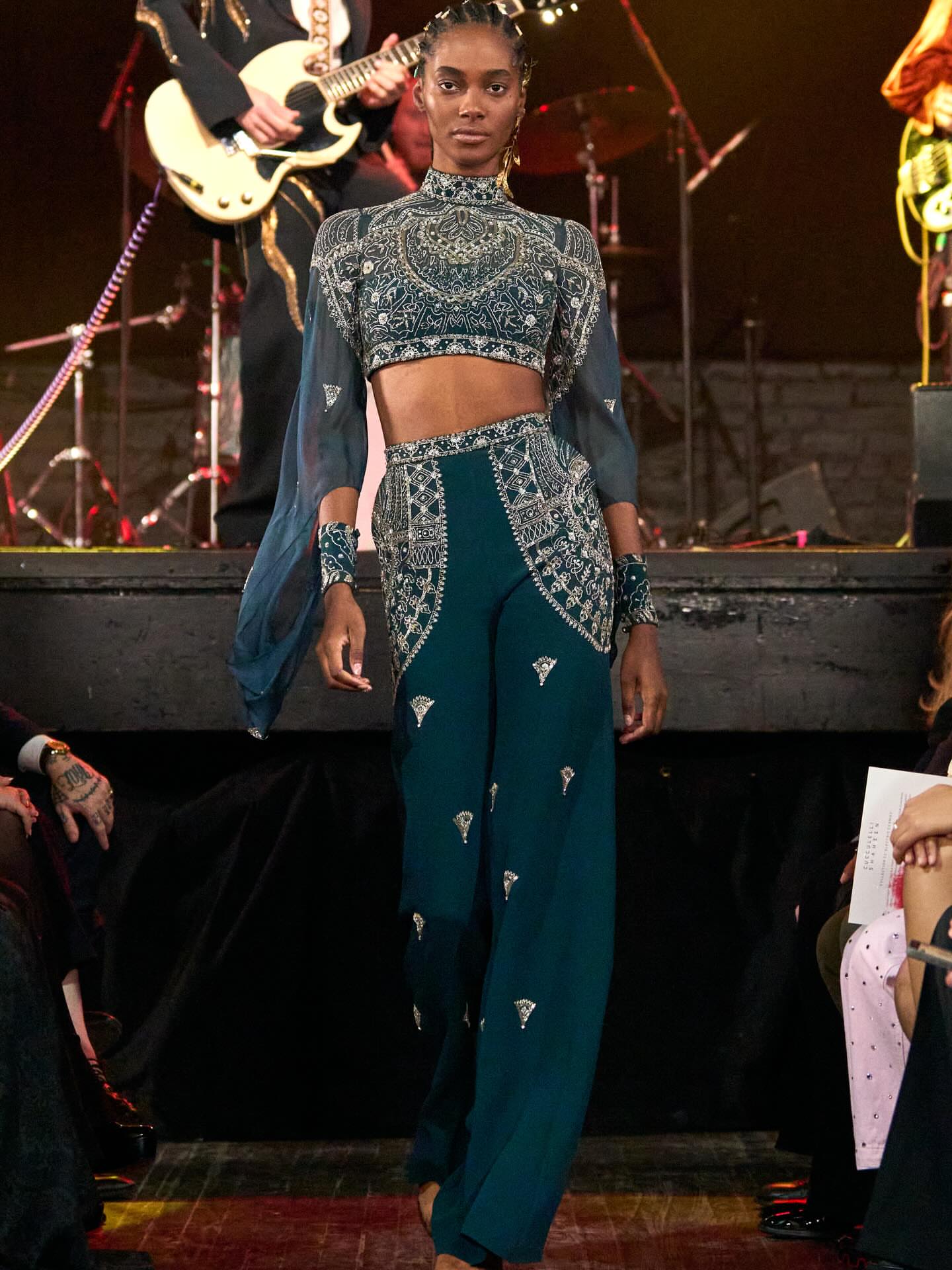 777 On The Scene At Cucculelli Shaheens Electric Cosmos Show At Bowery Ballroom Gold Beaded Gowns Emerald Velvet Suits And Celestial Ombre Dresses