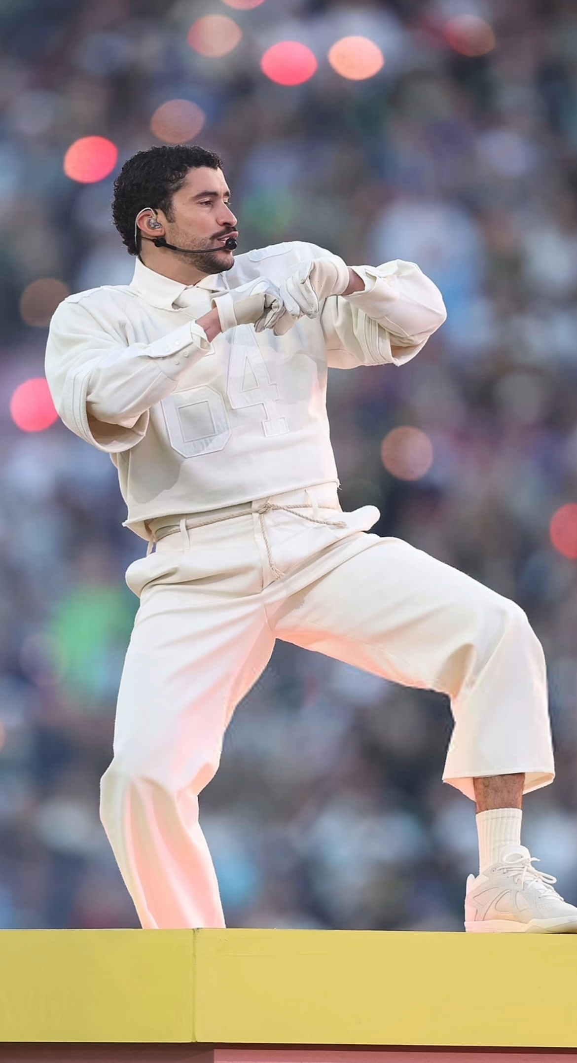 Bad Bunny Performed At The Super Bowl LX Halftime Show In A Custom Cream Zara Look White Adidas BadBo 10 Sneakers And A Audemars Piguet Watch 2 1