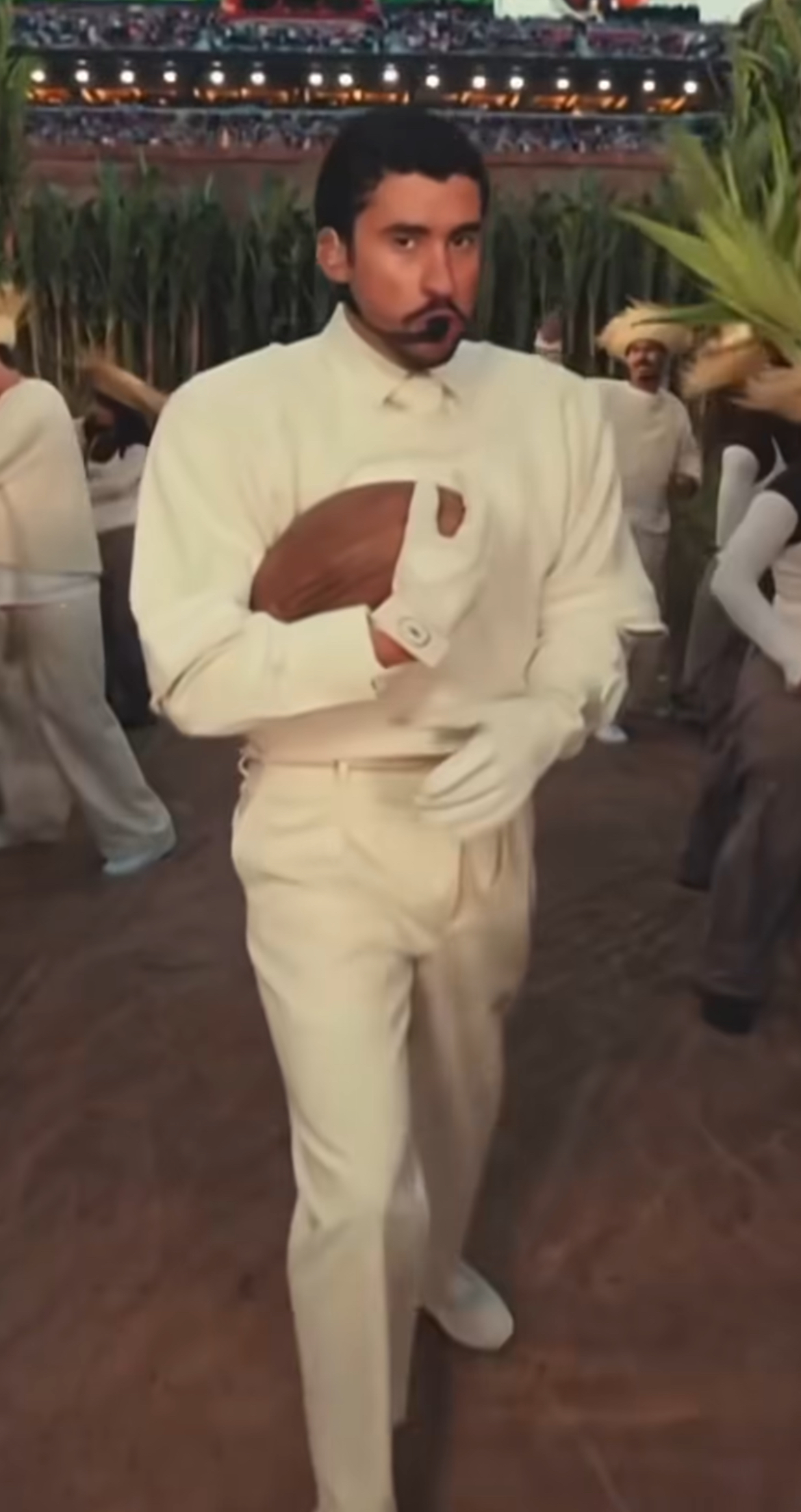 Bad Bunny Performed At The Super Bowl LX Halftime Show In A Custom Cream Zara Look White Adidas BadBo 10 Sneakers And A Audemars Piguet Watch 5