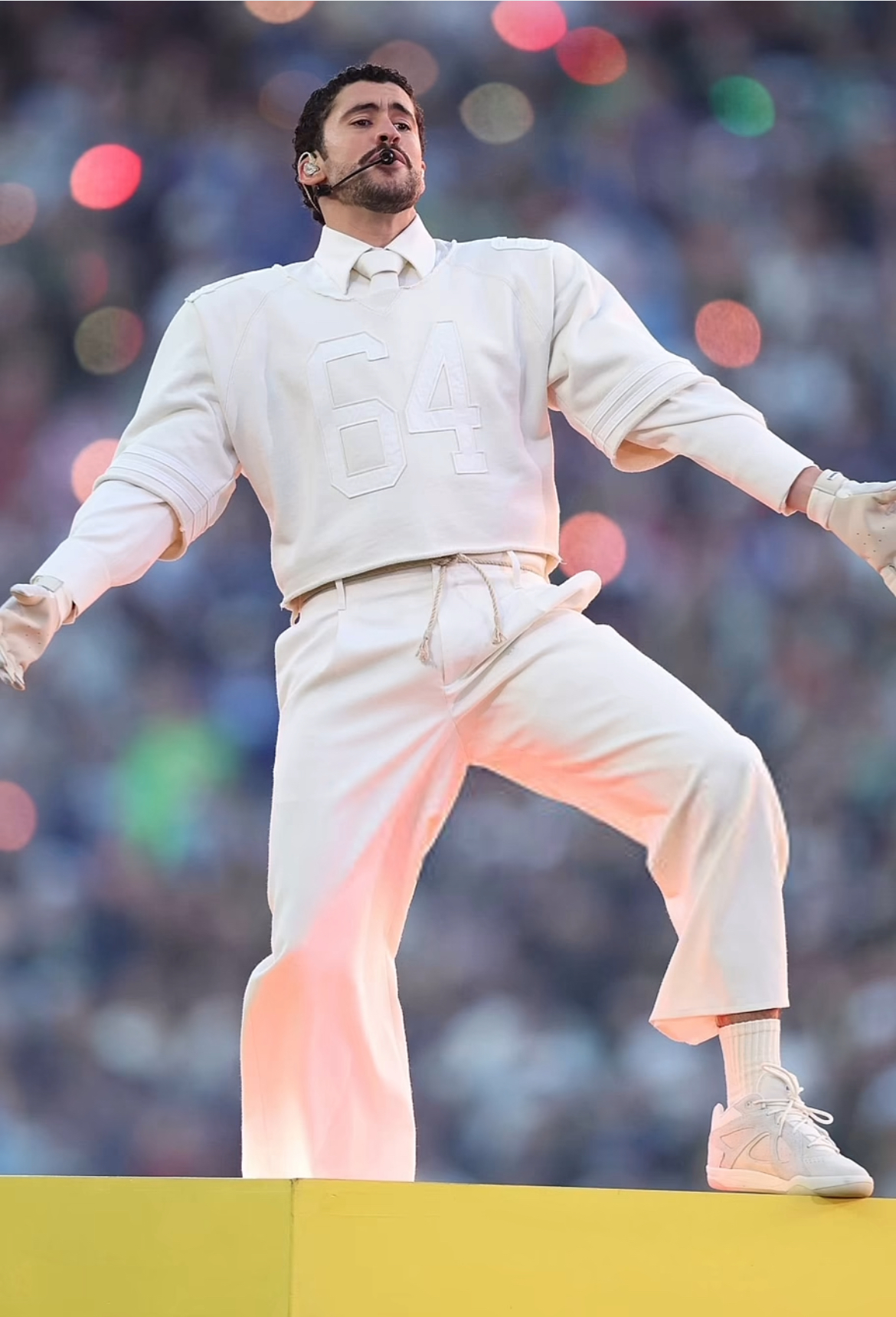 Bad Bunny Performed At The Super Bowl LX Halftime Show In A Custom Cream Zara Look White Adidas BadBo 10 Sneakers And A Audemars Piguet Watch 6