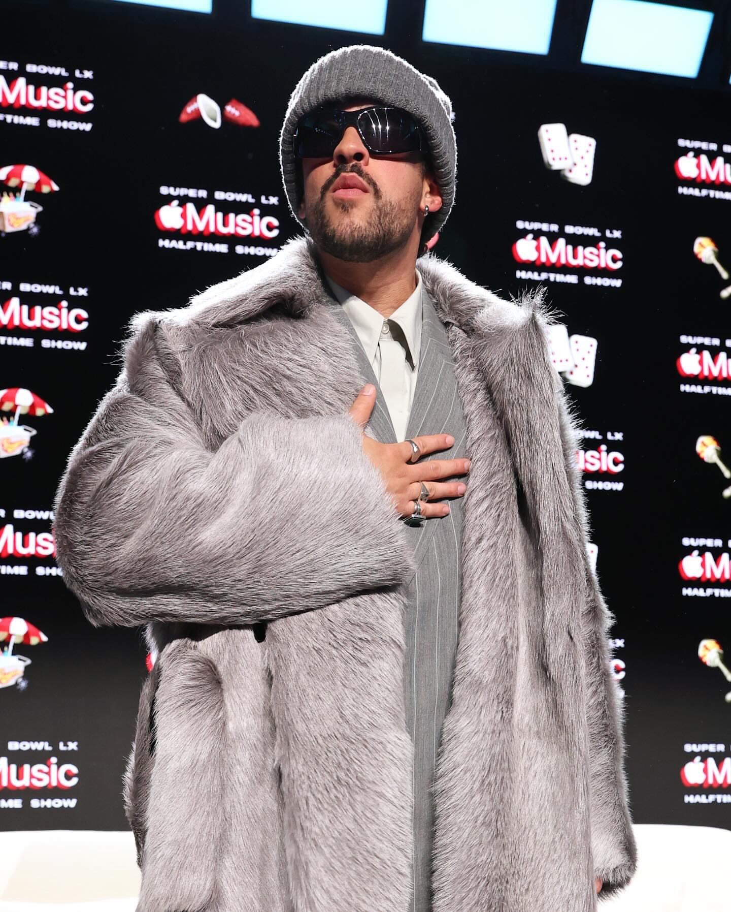 Bad Bunny Wore A Grey New Bottega SpringSummer 2026 Look To The Apple Music Super Bowl LIX Halftime Show Press Conference 2 1