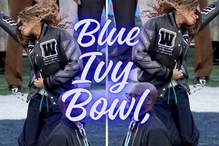 Blue Ivy Attended the Super Bowl Alongside Father Jay-Z in a Off White Letterman Jacket and Balenciaga Handbag