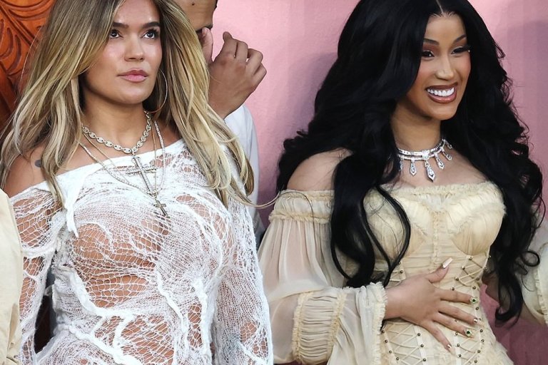 Cardi B in Cream Zimmermann and Karol G in White Ann Demeulemeester Dance with Bad Bunny at the Super Bowl Halftime Show