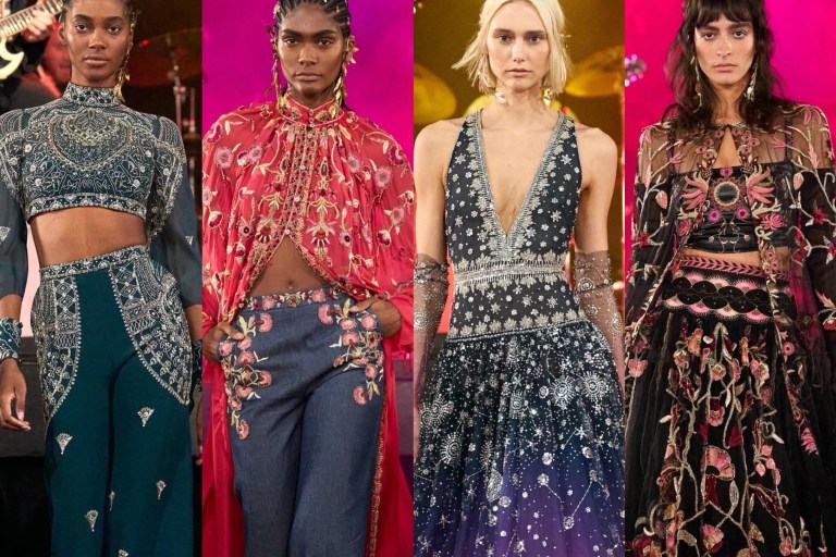 Show Review: Cucculelli Shaheen’s Electric Cosmos Show Featuring Gold Beaded Gowns, Emerald Velvet Suits, and Celestial Ombre Dresses