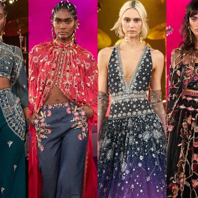 Show Review: Cucculelli Shaheen’s Electric Cosmos Show Featuring Gold Beaded Gowns, Emerald Velvet Suits, and Celestial Ombre Dresses