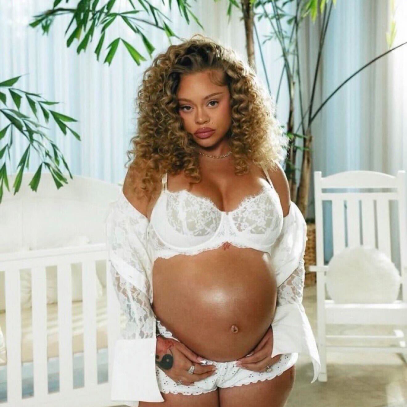 89 7 Latto Debuts Baby Bump In White Lace Lingerie And Polka Dot Set In Business And Personal Intro Video