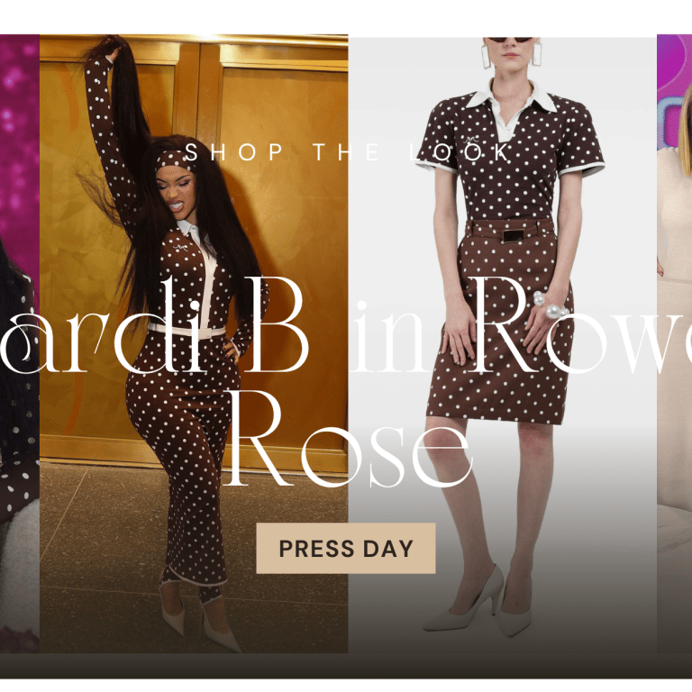 Cardi B in Brown Polka Dot Rowen Rose for Press Day Talking Little Miss Drama Tour and Grow Good Beauty