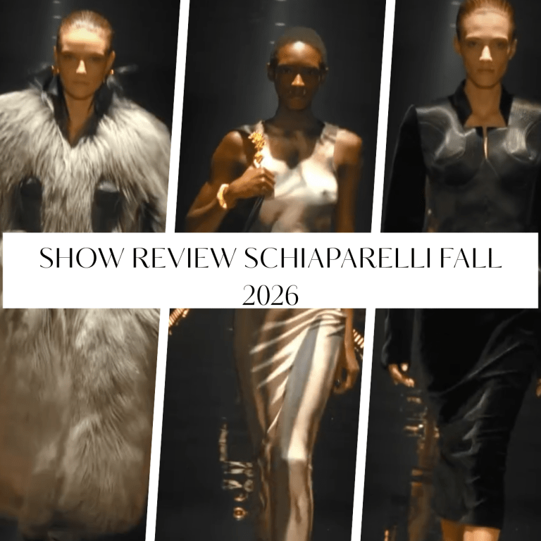 Show Review: Schiaparelli Fall 2026 at the Louvre with Sculptural Tailoring, Sheer Knits, and Faux Fur Coats
