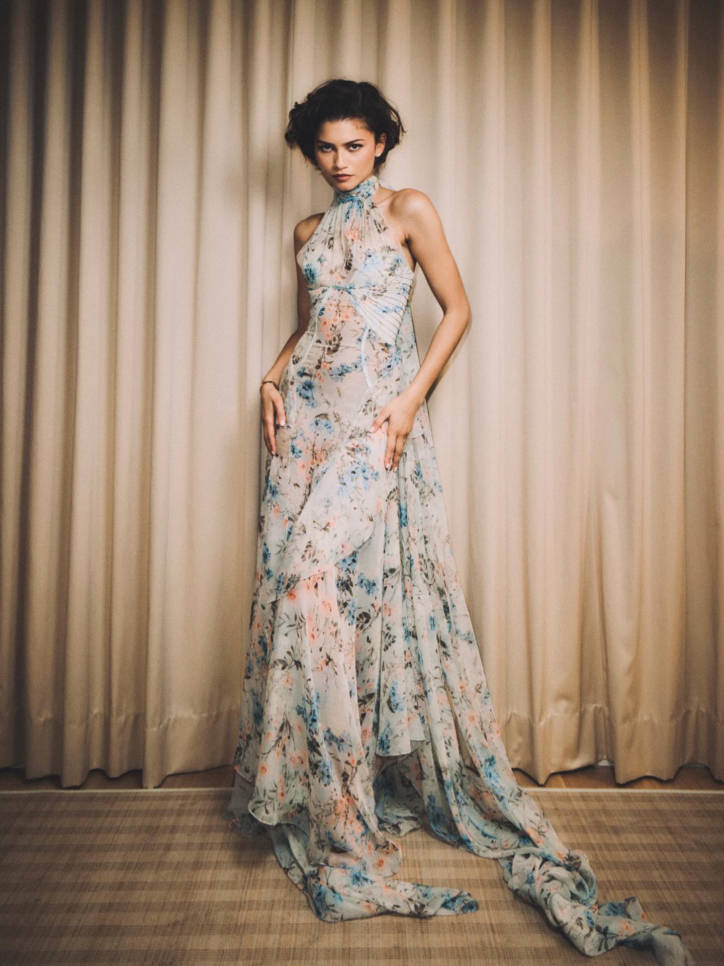 Zendaya Stuns In Blue Floral Alexander McQueen Chiffon Gown On Jimmy Kimmel Live