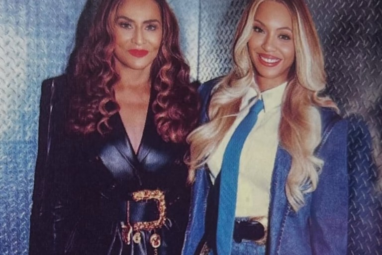 Beyonce in Blue Denim Romeo Hunte with Tina Knowles at the Super Bowl