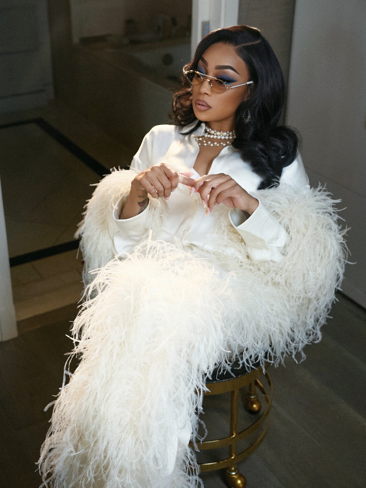 3 Monica Steps Out With Husband Anthony Ant Wilson At Brandys Hollywood Walk Of Fame Ceremony In Ivory Feathered LaPointe Silk Blouse And Coordinating Trousers