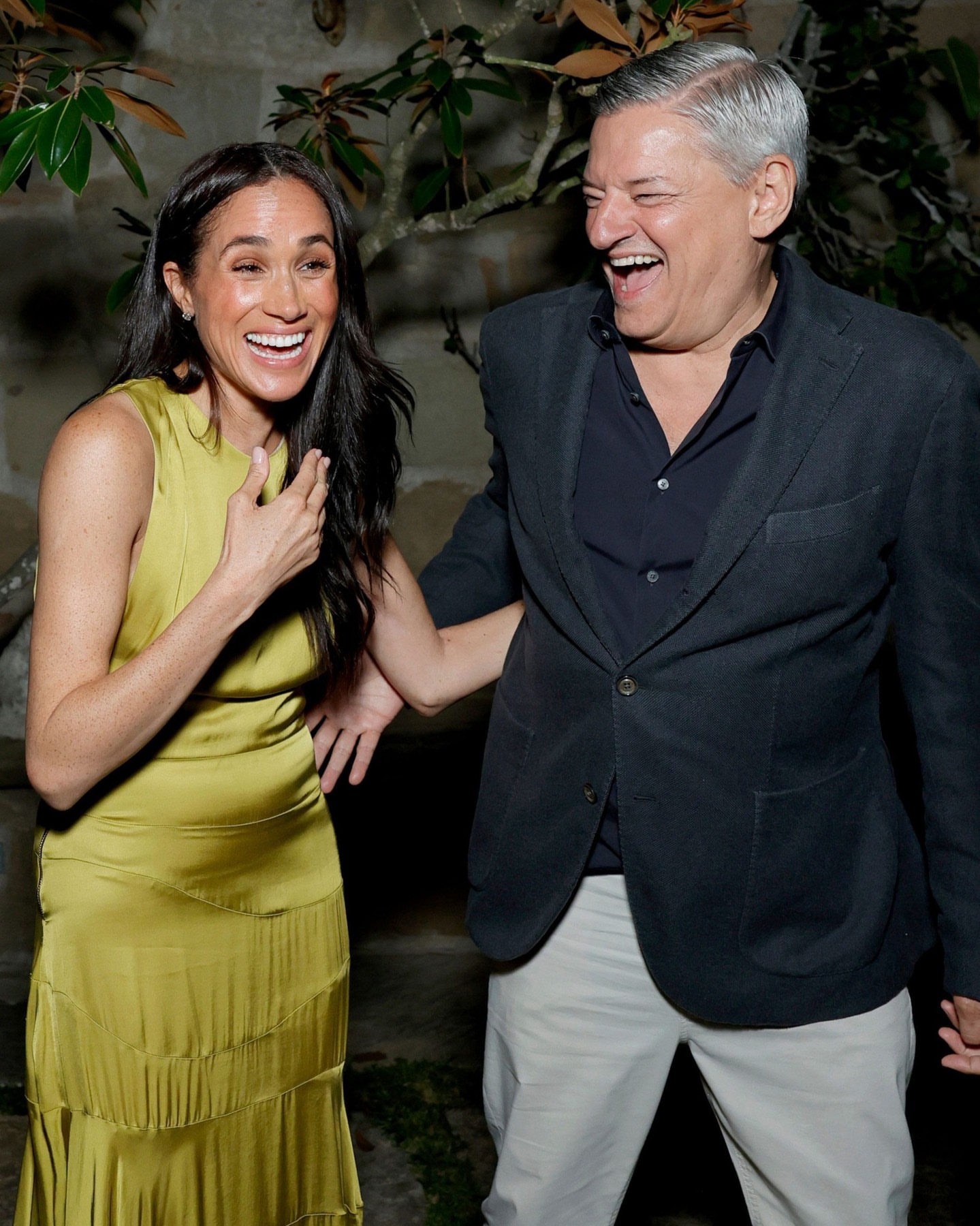 9 99 Prince Harry Meghan Markle Ted Sarandos And Nicole Avant Gather In Montecito For Netflix Party With Meghan In Olive Green Heidi Merrick Gale Dress