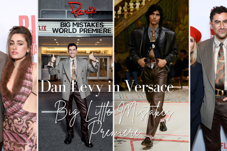 Dan Levy in Grey Pinstripe Versace Spring 2026 Blazer, Brown Leather Pants, and Silk Shirt at Big Mistakes Premiere