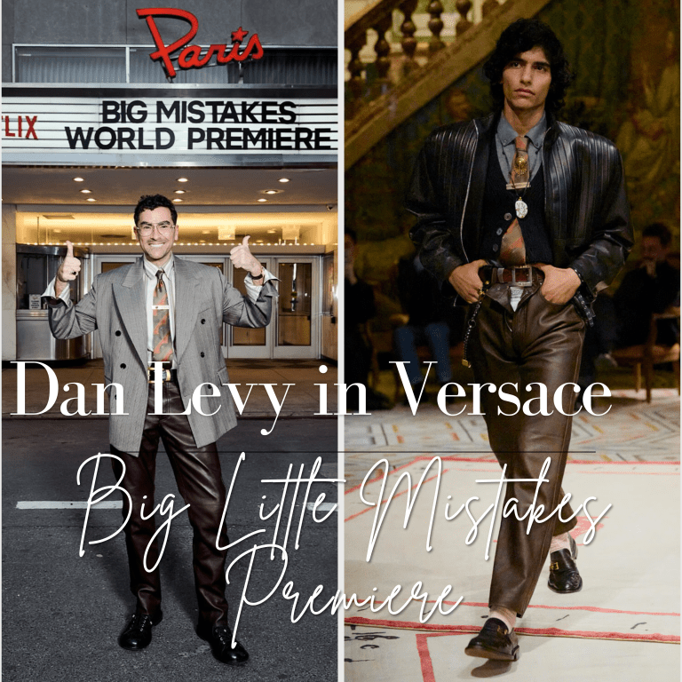Dan Levy in Grey Pinstripe Versace Spring 2026 Blazer, Brown Leather Pants, and Silk Shirt at Big Mistakes Premiere