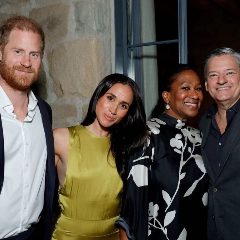 Prince Harry, Meghan Markle, Ted Sarandos, and Nicole Avant Gather in Montecito for Netflix Party with Meghan in Olive Green Heidi Merrick Gale Dress