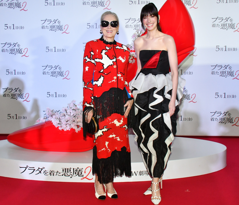The Devil Wears Prada 2 Tokyo Fan Event: Anne Hathaway in Black and Ivory Valentino Couture Silk Gown and Meryl Streep in Red and Black Chanel Metiers d’Art Fringe Tweed Set