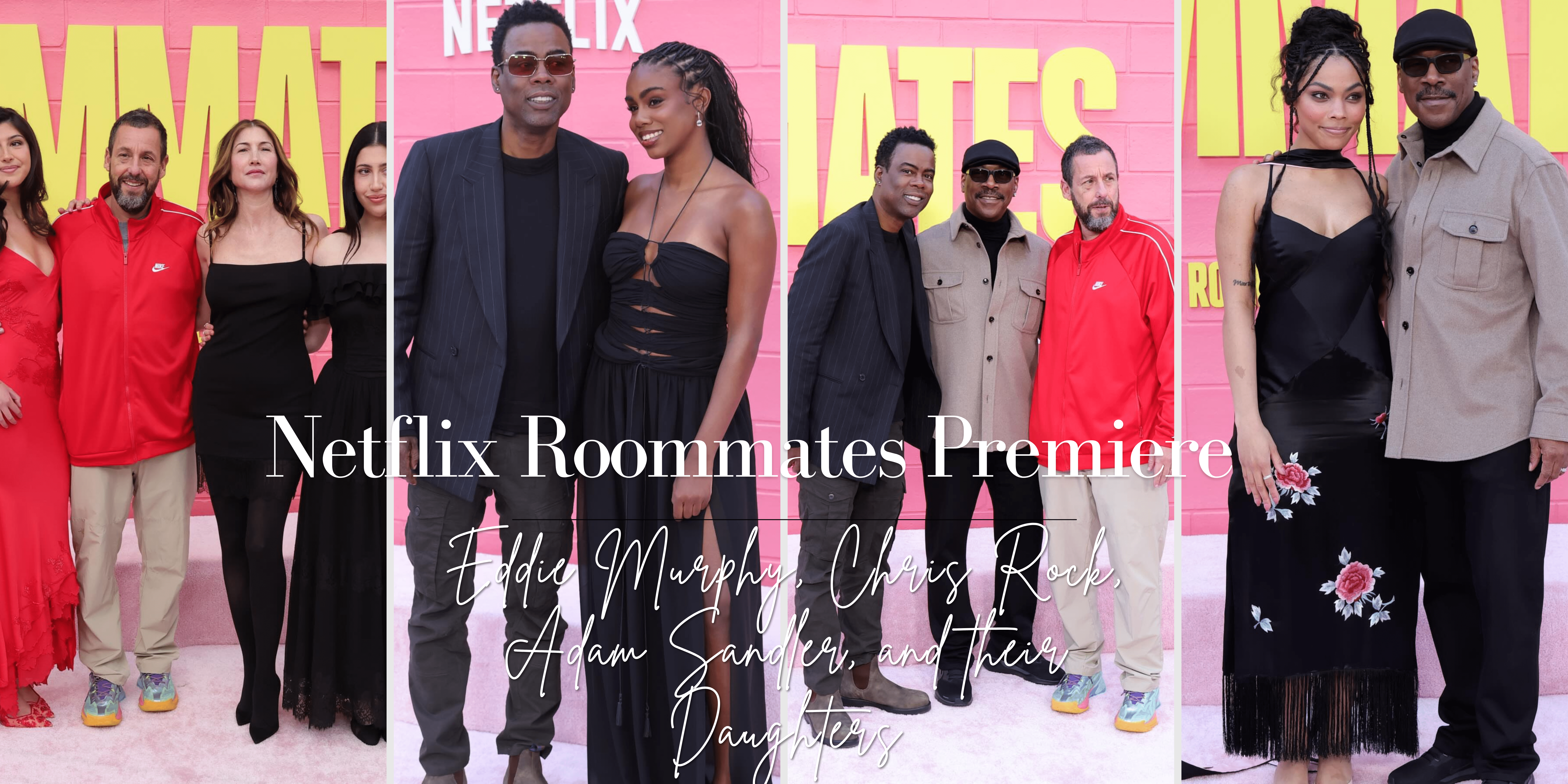 9999 On The Scene At The Netflix Roommates Premiere Eddie Murphy Chris Rock Adam Sandler And Their Daughters In Black Silk Cut Out Gowns And Red Satin