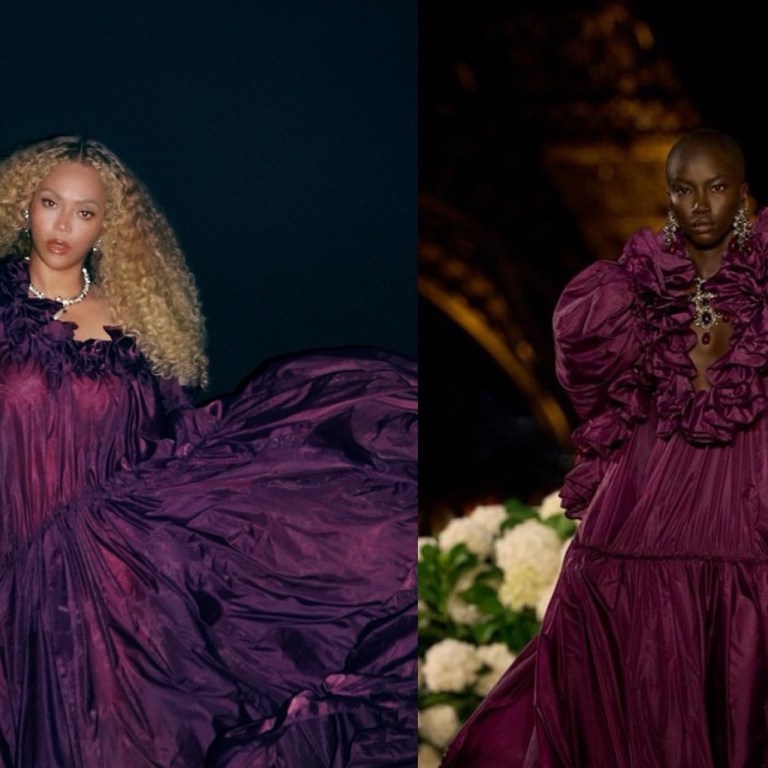 Beyonce Grabs Dinner in Plum Taffeta Spring 2026 Saint Laurent Gown and Pearl Cult Gaia