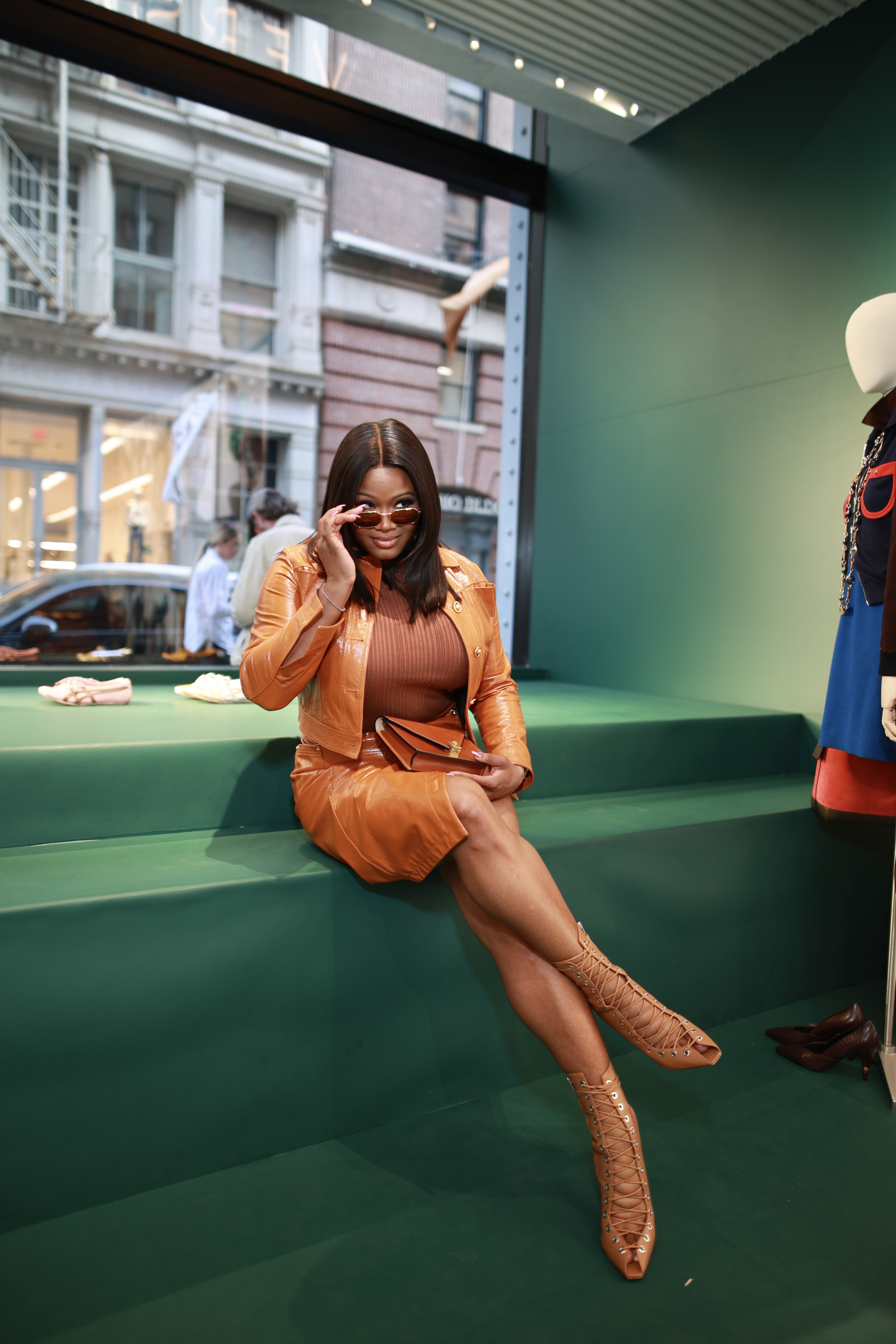 Claire Sulmers Claires Life Inside The Versace X Onitsuka Tiger SoHo Celebration In Caramel Versace Leather And Le Silla Lace Ups