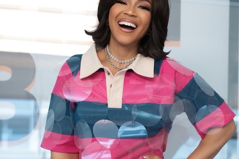 Erica Campbell Wore a Bruce Glen Fuchsia Teal Bubbles Rugby Set Available at BeautyLifeFun Shop