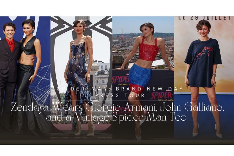 Zendaya Wears Giorgio Armani, John Galliano, and a Vintage Spider-Man Tee on the Spider-Man: Brand New Day Press Tour