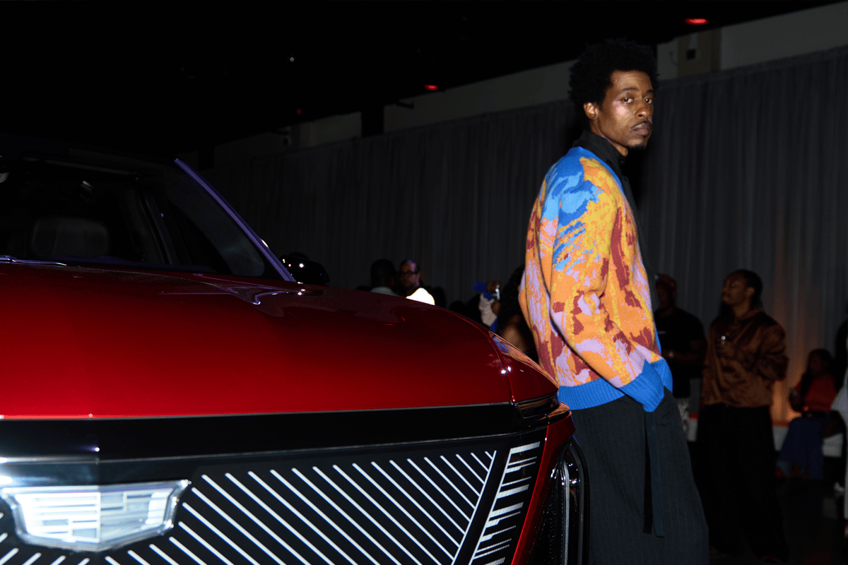 Model wearing House Of Aama X The Bomb Fashion Show LA X Cadillac